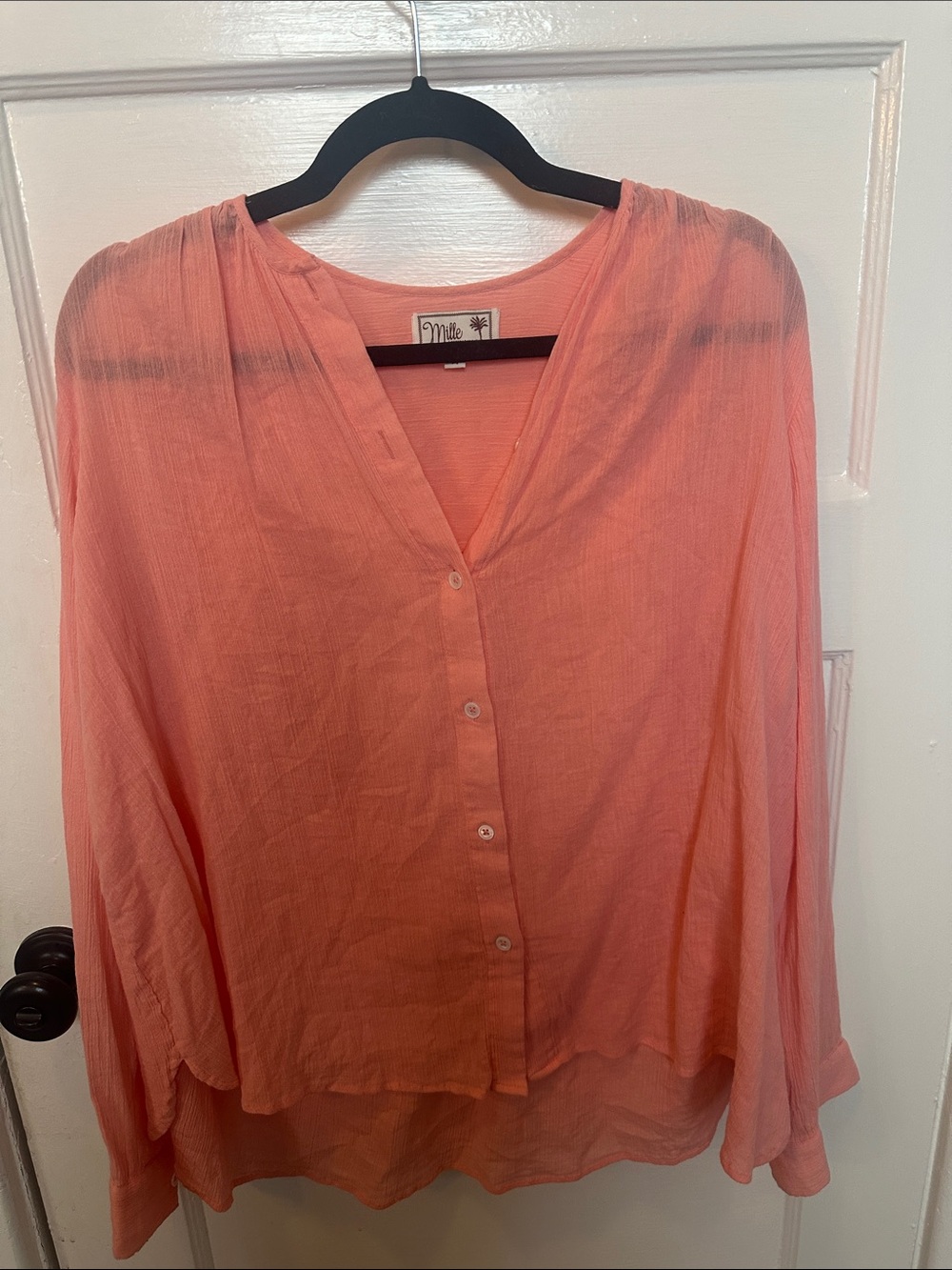 MIA Coral Pink Lightweight V-Neck Button-Front Blouse